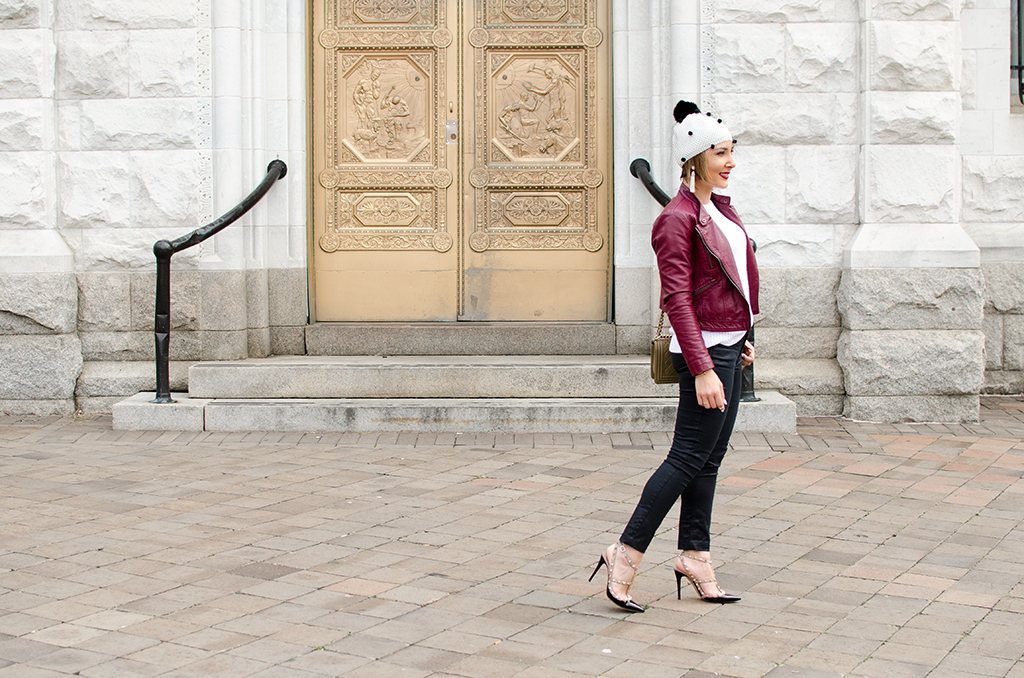 Blame-it-on-Mei-Miami-Fashion-Blogger-2017-Casual-Fall-Winter-Look-Knit-Sweater-with-Moto-Burgundy-Oxblood-Maroon-Jacket-Tulle-Pom-Pom-Beanie-Chanel-Boy-Valentino-Sandals-Washington-DC