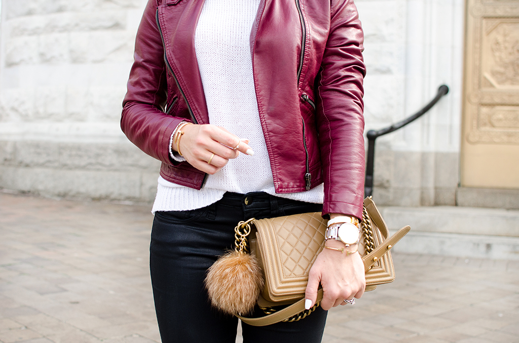 Blame-it-on-Mei-Miami-Fashion-Blogger-2017-Casual-Fall-Winter-Look-Knit-Sweater-with-Moto-Burgundy-Oxblood-Maroon-Jacket-Tulle-Pom-Pom-Beanie-Chanel-Boy-Valentino-Sandals-Washington-DC