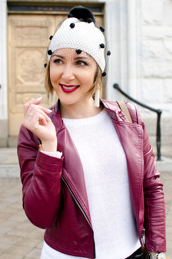 Blame-it-on-Mei-Miami-Fashion-Blogger-2017-Casual-Fall-Winter-Look-Knit-Sweater-with-Moto-Burgundy-Oxblood-Maroon-Jacket-Tulle-Pom-Pom-Beanie-Chanel-Boy-Valentino-Sandals-Washington-DC