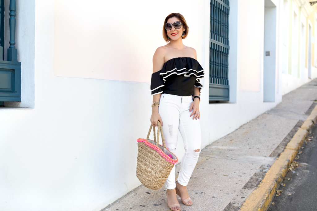 Blame-it-on-Mei-Miami-Fashion-Blogger-Travel-Blog-2017-Casual-Summer-Look-Spring-Outfit-Ruffle-Off-the-Shoulder-Top-Pom-Pom-Beach-Bag-Earrings-Puerto-Rico-Old-San-Juan