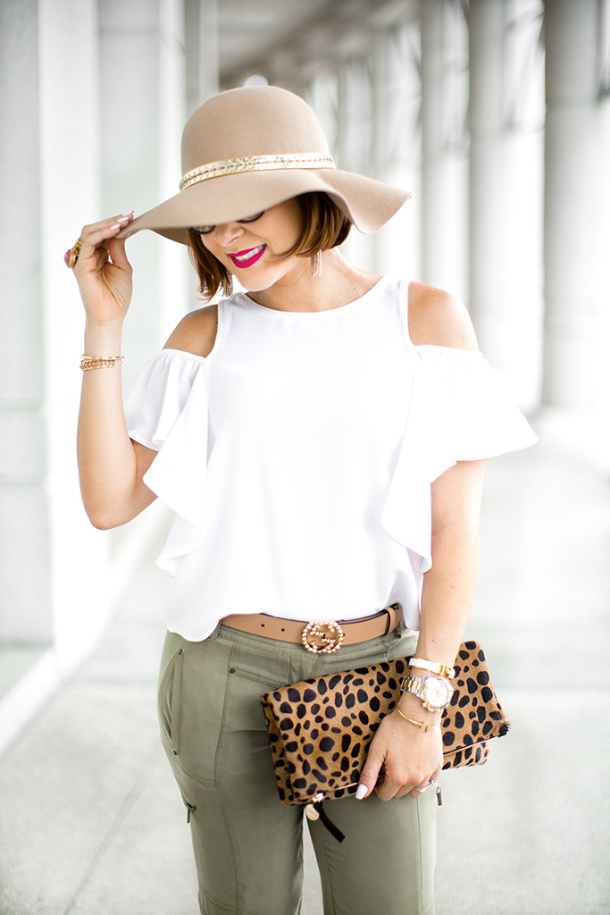 Blame-it-on-Mei-Miami-Fashion-Blogger-2017-Casual-Summer-Look-Spring-Outfit-White-Top-with-Olive-Jogger-Pants-Nude-Floppy-Hat-Claire-V-Leopard-Clutch-Marc-Fisher-Platform-Wedges