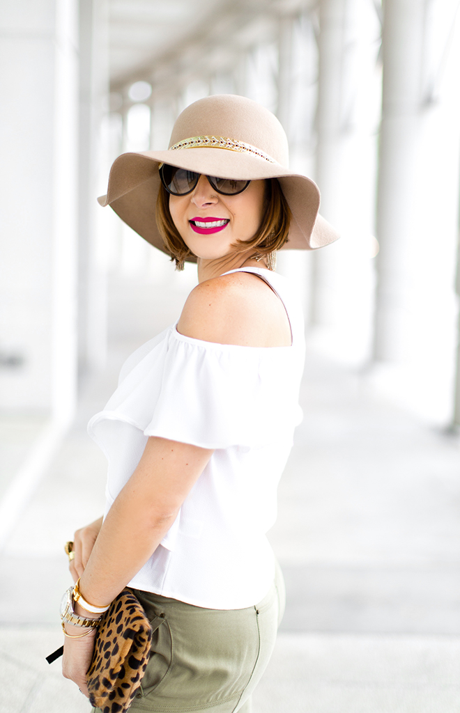 Blame-it-on-Mei-Miami-Fashion-Blogger-2017-Casual-Summer-Look-Spring-Outfit-White-Top-with-Olive-Jogger-Pants-Nude-Floppy-Hat-Claire-V-Leopard-Clutch-Marc-Fisher-Platform-Wedges