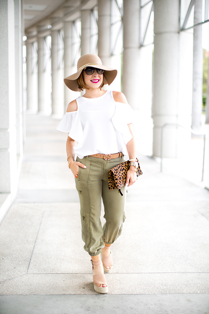 Blame-it-on-Mei-Miami-Fashion-Blogger-2017-Casual-Summer-Look-Spring-Outfit-White-Top-with-Olive-Jogger-Pants-Nude-Floppy-Hat-Claire-V-Leopard-Clutch-Marc-Fisher-Platform-Wedges