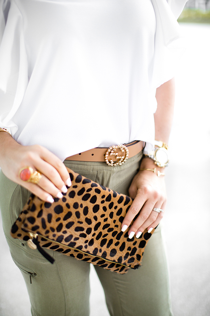 Blame-it-on-Mei-Miami-Fashion-Blogger-2017-Casual-Summer-Look-Spring-Outfit-White-Top-with-Olive-Jogger-Pants-Nude-Floppy-Hat-Claire-V-Leopard-Clutch-Marc-Fisher-Platform-Wedges