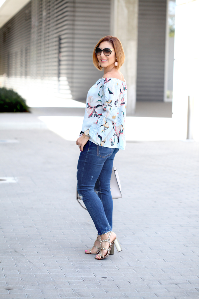 Blame-it-on-Mei-@blameitonmei-Miami-Fashion-Blogger-2017-Casual-Spring-Look-Outfit-Floral-Off-the-shoulder-top-Destroyed-Denim-Valentino-City-Sandals-Fendi-Gray-Peekaboo-Pom-Pom-Earrings