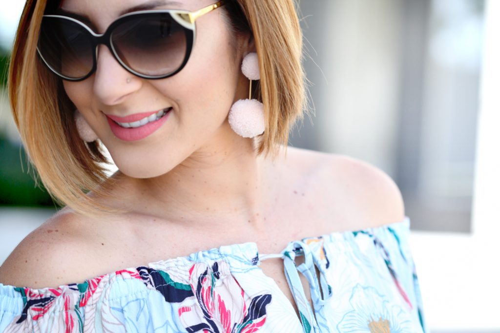 Blame-it-on-Mei-@blameitonmei-Miami-Fashion-Blogger-2017-Casual-Spring-Look-Outfit-Floral-Off-the-shoulder-top-Destroyed-Denim-Valentino-City-Sandals-Fendi-Gray-Peekaboo-Pom-Pom-Earrings