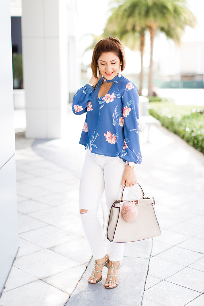 Blame-it-on-Mei-Miami-Fashion-Blogger-2017-Casual-Summer-Look-Spring-Outfit-Floral-Cutout-Blouse-Choker-Top-White-Denim-Fendi-Peekaboo-Gray-Valentino-City-Sandals-Baublebar-Tassel-Earrings