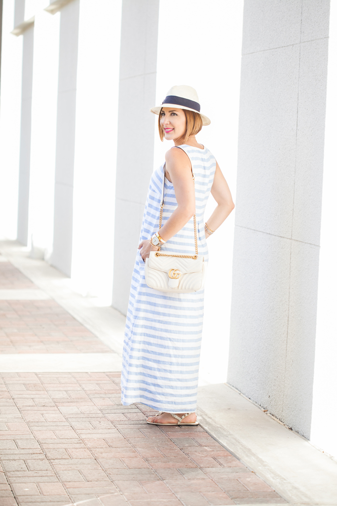 Blame it on Mei, @blameitonmei, Miami Fashion Blogger, Summer Look, Stripe Linen Long Dress, Gucci Marmont White