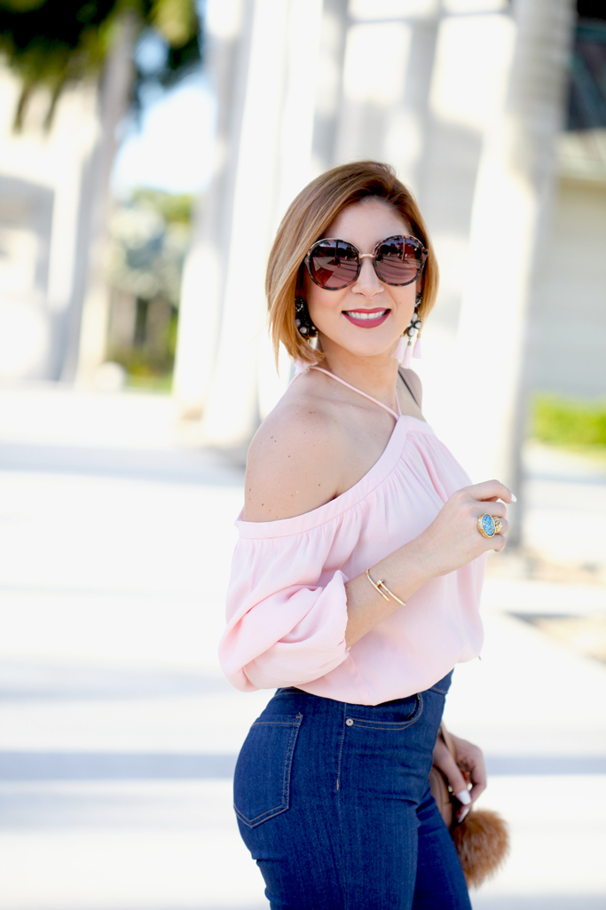 Blame it on Mei, @blameitonmei, Miami Fashion Blogger Halter Off The Shoulder Top, Flare Jeans, 70s Summer Look