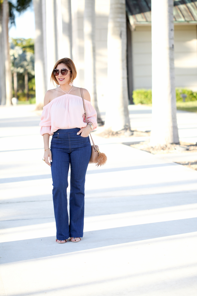 Blame it on Mei, @blameitonmei, Miami Fashion Blogger Halter Off The Shoulder Top, Flare Jeans, 70s Summer Look