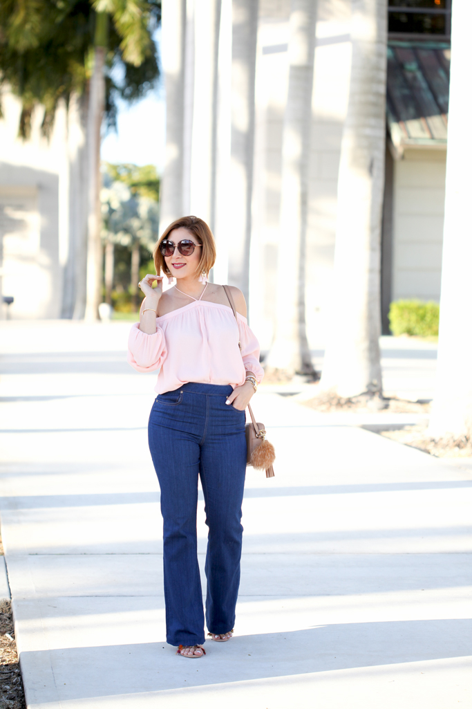 Blame it on Mei, @blameitonmei, Miami Fashion Blogger Halter Off The Shoulder Top, Flare Jeans, 70s Summer Look