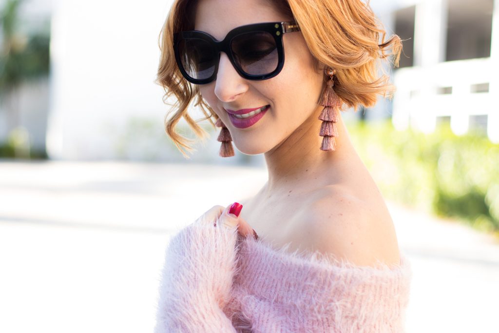 Blame it on Mei, @blameitonmei, Miami Fashion Blogger, Faux Leather Pants, Off The Shoulder Fuzzy Sweater