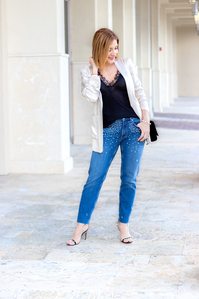 Blame it on Mei, @blameitonmei, Miami Fashion Blogger, How To Wear Pearl Jeans, Lace Cami 