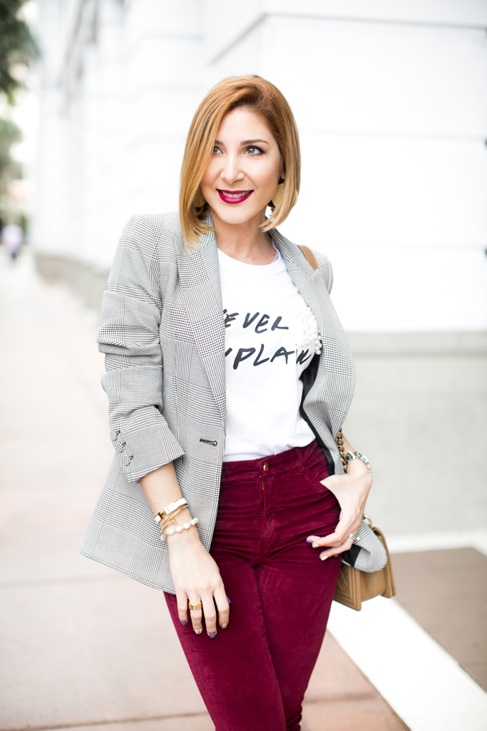 Blame it on Mei, @blameitonmei, Miami Fashion Blogger, How To Wear Graphic T Shirt Checked Blazer