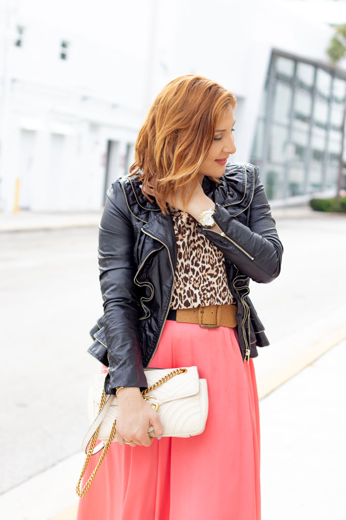 Blame it on Mei, Miami Fashion Blogger, How to wear animal print leopard, maxi coral skirt, pantone color of the year living coral, ruffle faux leather jacket