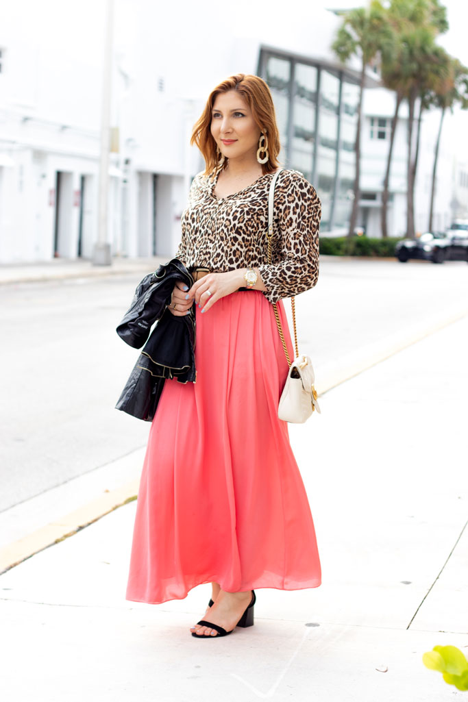Blame it on Mei, Miami Fashion Blogger, How to wear animal print leopard, maxi coral skirt, pantone color of the year living coral, ruffle faux leather jacket