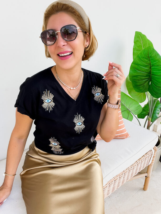 Blame it on Mei, Mei Jorge @blameitonmei, Miami Fashion Blogger, Miami Mom Blogger Trending Evil Eye shirt