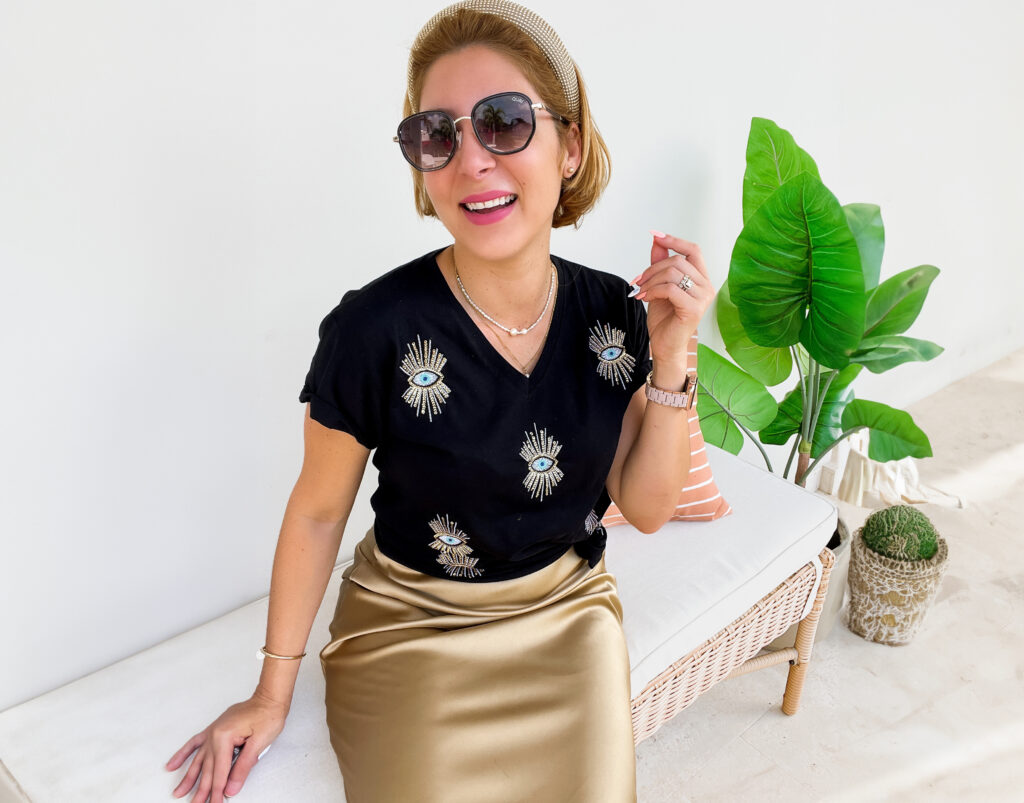 Blame it on Mei, Mei Jorge @blameitonmei, Miami Fashion Blogger, Miami Mom Blogger Trending Evil Eye shirt