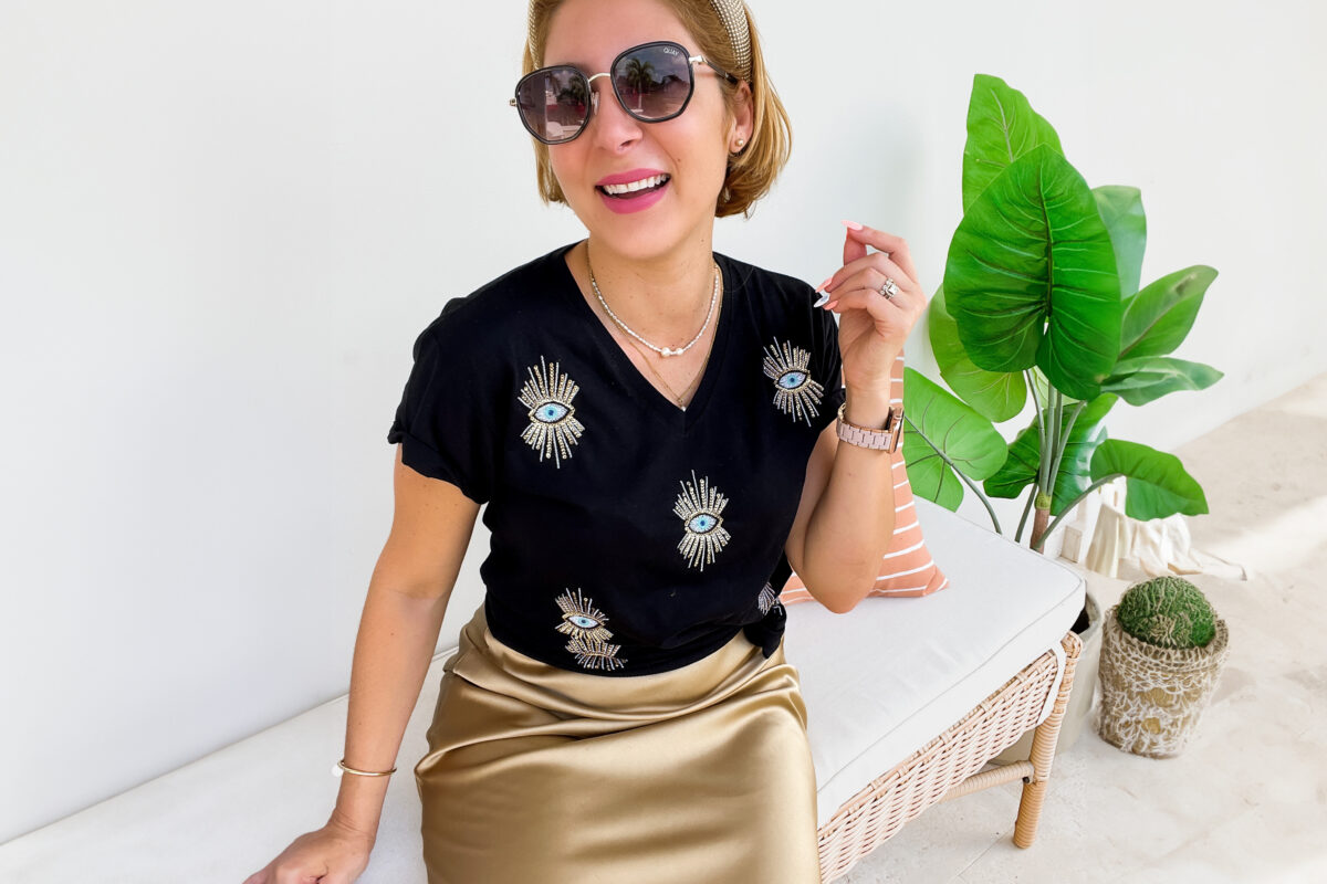 Blame it on Mei, Mei Jorge @blameitonmei, Miami Fashion Blogger, Miami Mom Blogger Trending Evil Eye shirt