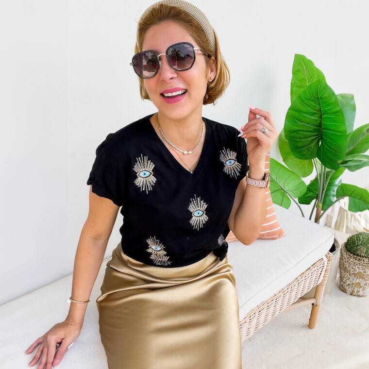 Blame it on Mei, Mei Jorge @blameitonmei, Miami Fashion Blogger, Miami Mom Blogger Trending Evil Eye shirt